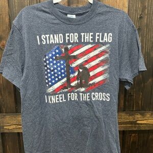 Gray Graphic T-Shirt with Flag and Cross Design